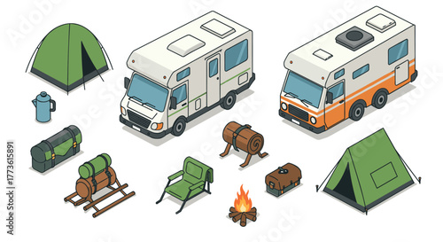 Outdoor adventure icons featuring camping gear and rv isometric designs