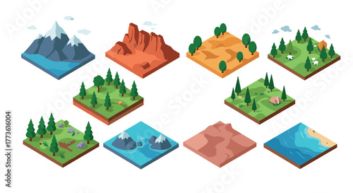 Isometric landscape set: diverse terrains with forests, mountains, and oceans