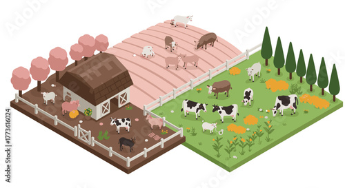 Isometric farm scene with cow pasture, barn, and blossoming trees