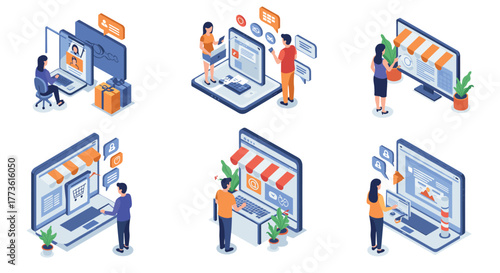Isometric online shopping and e-commerce concept with people interacting on digital platforms