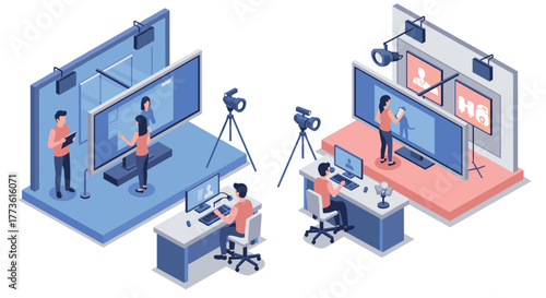 Modern remote work and virtual meetings in isometric offices