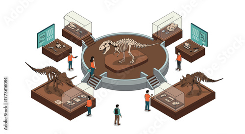 Dinosaur fossil exhibit with visitors in isometric museum display