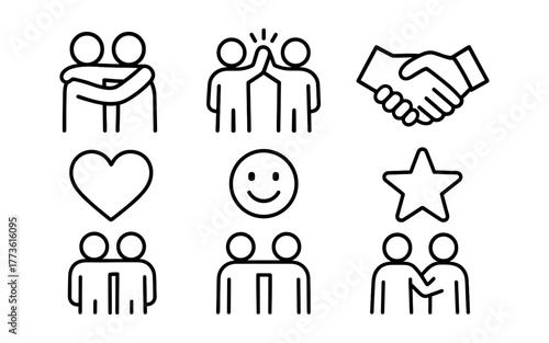 Simple line style icons of friendship and unity featuring people and symbols