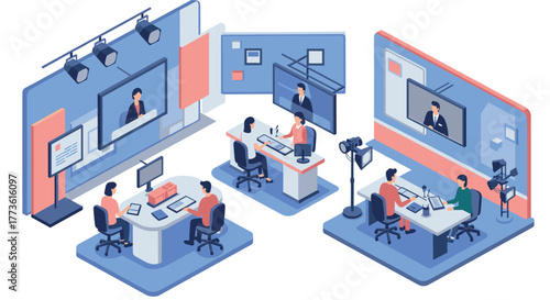 Modern office setup for virtual meetings with video conferencing technology