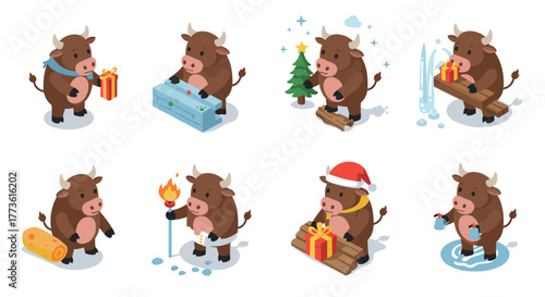 Festive bulls engaging in winter activities in isometric style