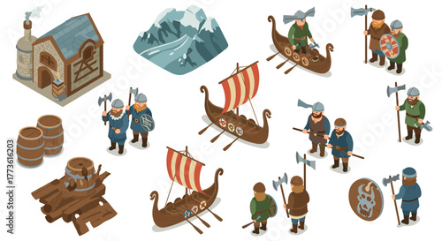 Isometric viking elements with ships, warriors, and nordic landscape