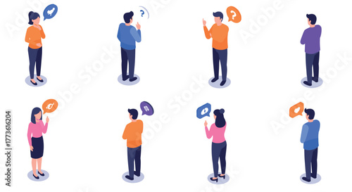 Diverse isometric characters engaging in conversations with colorful speech bubbles