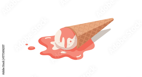 Melting ice cream cone on white background in flat design