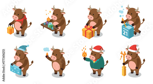Festive bulls celebrating with gifts and winter accessories in isometric style