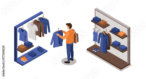 Isometric shopping concept with man choosing clothes in a fashion store