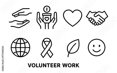 Volunteer work icons: donation, heart, handshake, globe, ribbon, leaf, smile