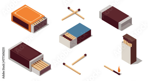 Collection of isometric matchboxes with matches in various positions and colors