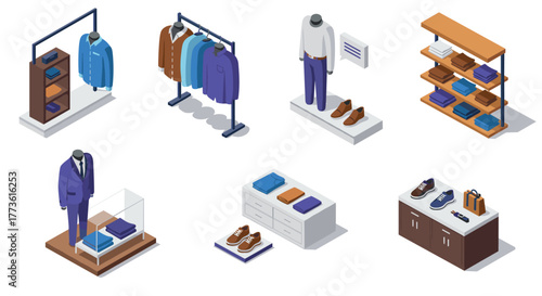 Isometric clothing store interior with suits, shirts, shoes, and accessories