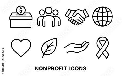 Minimalist nonprofit icons collection featuring charity, community, and global themes