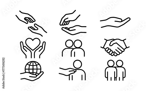Minimalist line art icons of helping hands and community symbols for social unity