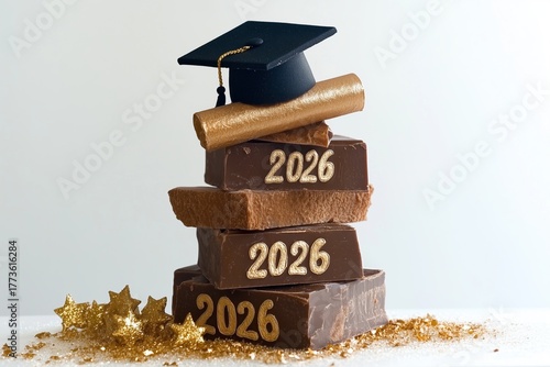 Pile of broken chocolate pieces decorated with sugar numbers “2026,” graduation caps, and confetti sprinkles, festive sweet composition.