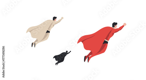Flying superheroes in colorful capes and dynamic poses on a white background