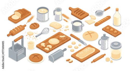 Isometric baking essentials: bread, ingredients, tools and equipment collection
