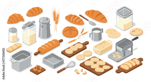 Isometric bakery essentials: bread, ingredients, and kitchen tools collection