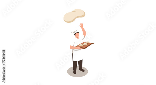 Isometric chef tossing dough in bakery kitchen scene