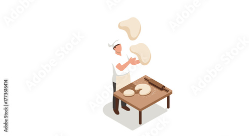Isometric pizza chef tossing dough in kitchen scene