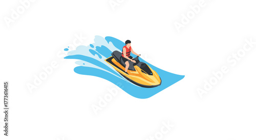 Isometric jet ski adventure with rider on blue wave splash