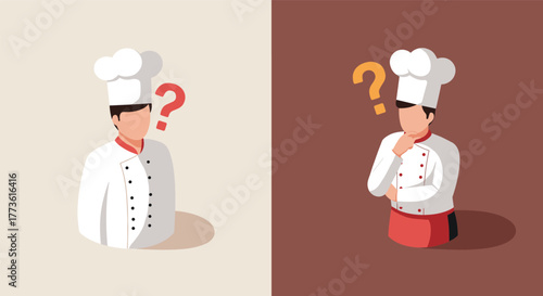 Chef decision making concept with question marks in isometric illustration
