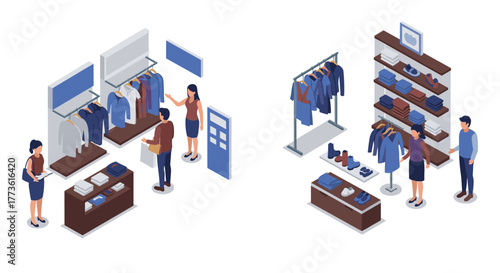 Modern isometric shopping concepts showing clothing store interaction and customer engagement