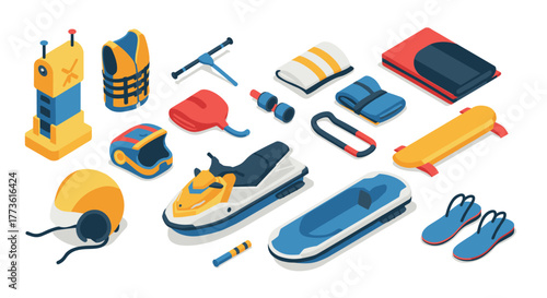 Isometric water sports equipment collection featuring jet ski and safety gear