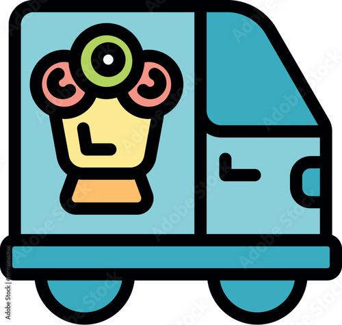 Cartoon delivery van transporting a giant mixed cocktail for a summer beach party or poolside celebration