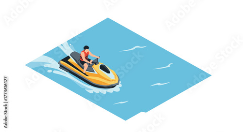 Isometric jet ski adventure on open water with rider in motion
