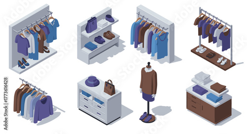 Isometric clothing store layout with fashion displays and accessories