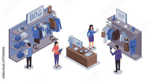 Clothing store shopping concept with buyers and shelves in isometric design