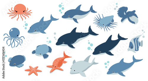 Playful marine life: cute sea creatures in flat style for ocean-themed designs