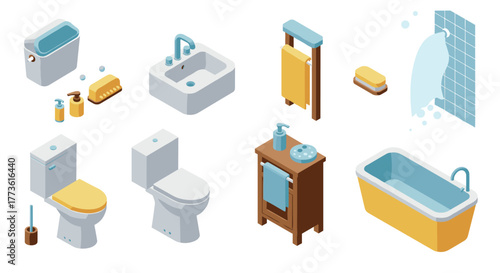 Modern bathroom isometric design elements with shower and bath