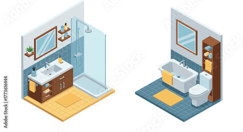 Modern isometric bathroom designs with shower and bathtub