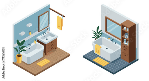 Modern isometric bathroom designs with elegant fixtures and decor accessories