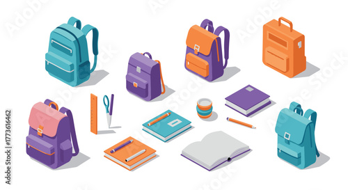 Colorful isometric school supplies and backpacks collection on white background