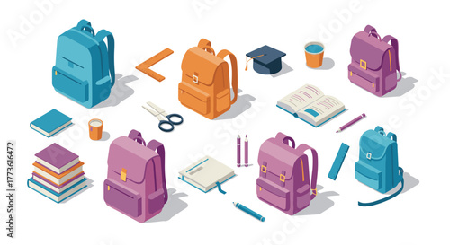 Isometric school supplies and backpacks set with books and stationery