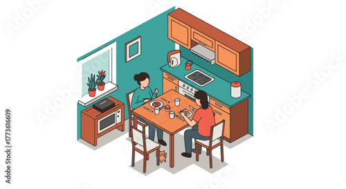 Cozy kitchen scene with two people dining in isometric art style