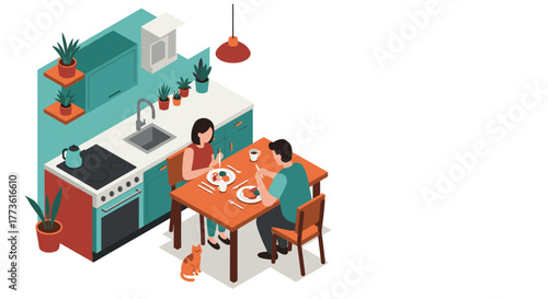 Isometric kitchen scene with people dining and cozy decor