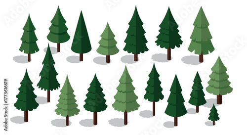 Variety of isometric pine trees in different shades of green on white background