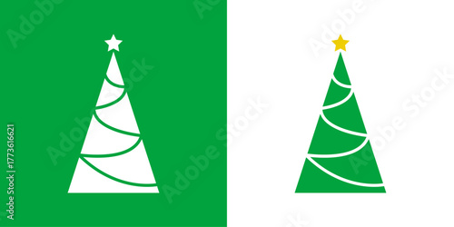 Logo con árbol de navidad con forma de triángulo con líneas curvas como guirnaldas y estrella para tarjetas y felicitaciones de Navidad