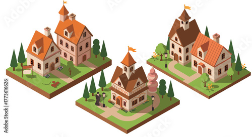 Charming isometric village with cozy houses and lush gardens