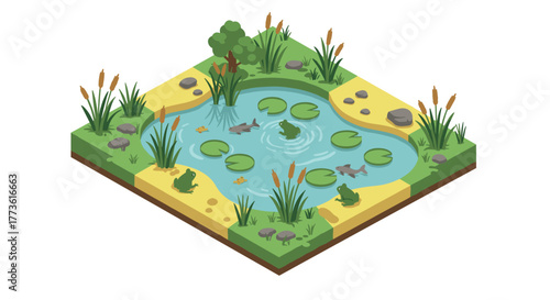 Isometric pond scene with frogs, fish, and lily pads in natural setting