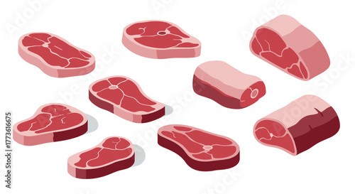 Variety of isometric meat cuts displayed on white background