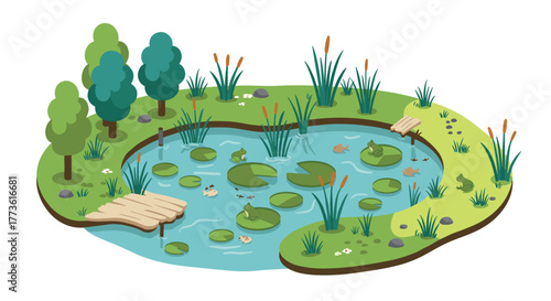Serene pond with frogs, lilies, and trees in a lush garden