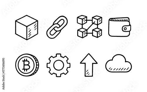 Hand-drawn blockchain icons: cube, chain, wallet, bitcoin, and cloud