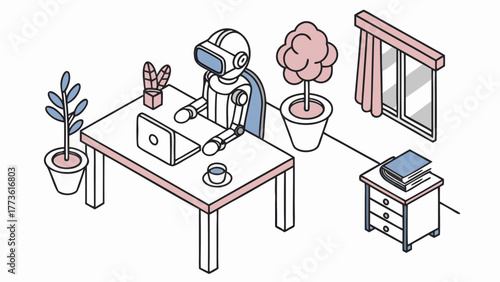 Robot wearing vr headset working on laptop at desk with plants and coffee in isometric style
