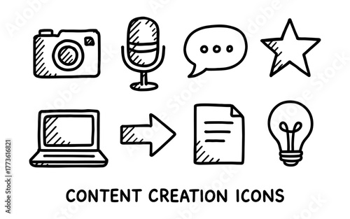 Hand drawn content creation icons featuring camera, microphone, and more